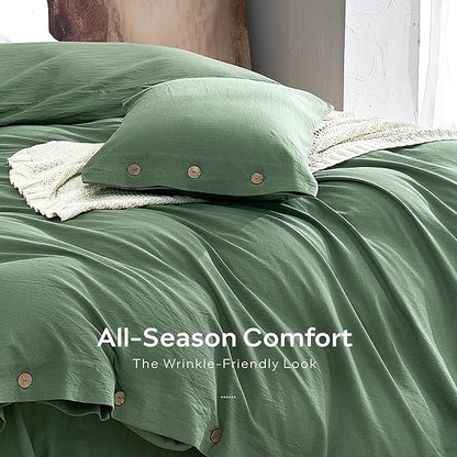 JELLYMONI 100% Washed Cotton Duvet Cover Twin – Soft, Breathable Linen-Look Bedding with Natural Wrinkle Texture, Button Closure, 3-Piece Set (Dusty Green, 68"x90")