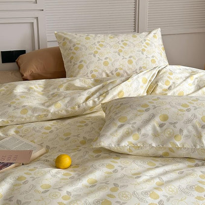 AOJIM Pure Cotton Duvet Cover Set with Cute Pattern Design, Soft Comfy Yellow Lemon Comforter Cover Set 3pcs, 1 Reversible Quilt Cover Full Size and 2 Matching Pillowcases for Room Decor, No Comforter