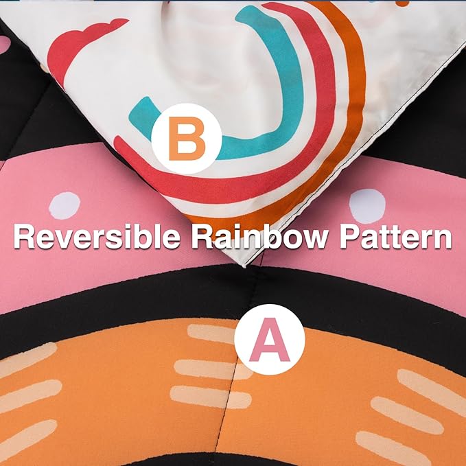A Nice Night Bedding 6 Pcs Cartoon Rainbow Bedding Set with Smile Moon Printed for Boys Girls Bed Comforter Sets (Black, Full)