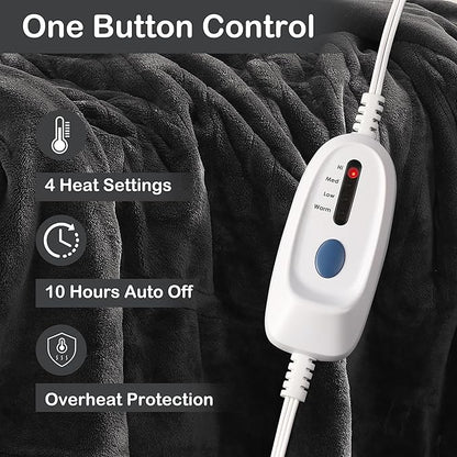 Electric Heated Blanket Full Size 72"x84", 4 Heating Levels & 10 Hours Auto Off, Cozy for Bed, Sofa & Office, Large Oversized, Single Control Heating Heater Blankets, Machine Washable, Dark Gray