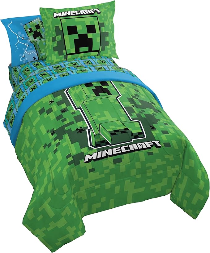 Jay Franco Kids Comforter Set Includes Sheets and Pillow Covers - Soft and Cozy Bed Set for Stylish Room Decor, Green - Minecraft Creeper, 5 Piece Twin Size Bedding