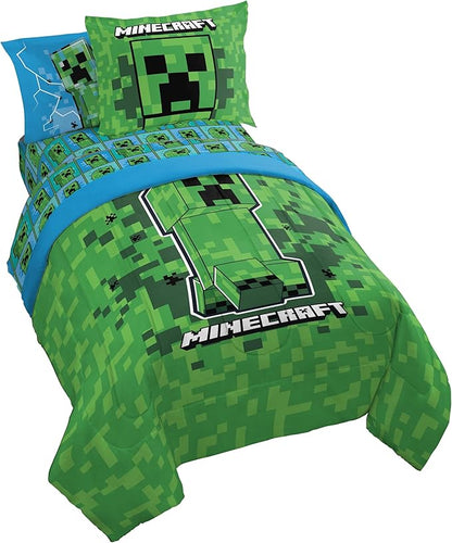 Jay Franco Kids Comforter Set Includes Sheets and Pillow Covers - Soft and Cozy Bed Set for Stylish Room Decor, Green - Minecraft Creeper, 5 Piece Twin Size Bedding
