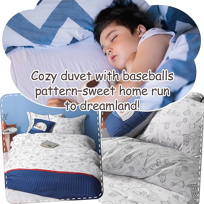 Simple&Opulence 100% Organic Cotton Duvet Cover for Kids Teens, 4 Pieces Soft Comforter Cover with Zipper Closure Cool Boy Girl Baseball Bedding Set - Sports, Full/Queen