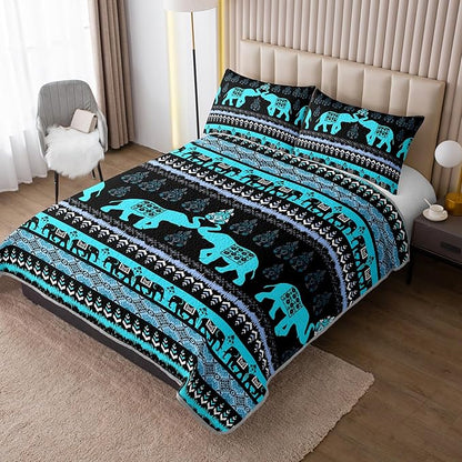 Blue Elephant Twin Quilted Bedding Sets,Boho Style Bedding Summer Quilt for Adults Kids,Soft Lightweight Exquisite Quilted Sets with 2 Pillowcases.