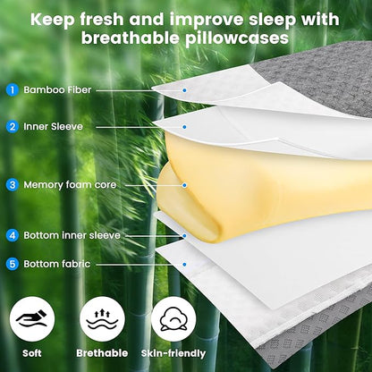 HOKIZU Cervical Memory Foam Pillow with Bamboo Fabric Pillowcase- Breathable, Supportive for Neck & Shoulder Pain Relief, Ergonomic Contour Neck Pillow for Side, Back, Stomach Sleepers(White-Gray)