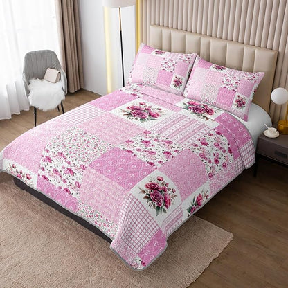 QOOMO Patchwork Quilt Set King Size,Pink Floral Bedspread Coverlet Set,Boho 3Pcs Bedding Set Printed Quilt with 2 Pillowcases,Soft and Lightweight,for All Seasons
