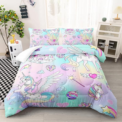 Kawaii Unicorn Bedding Set for Girls Kids Queen Size, Pink Colorful Comforter Set for Girls Bedroom Recor with 2 Pillowcases