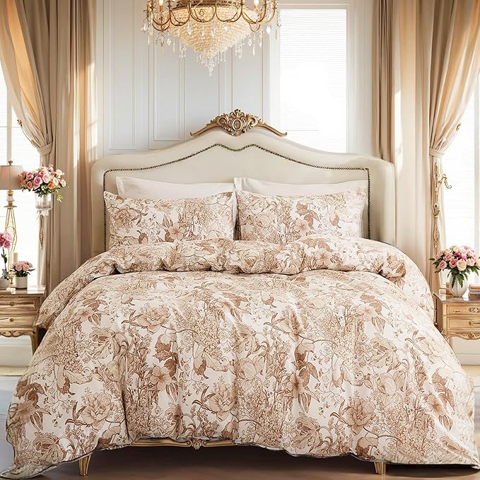 Khaki Floral Duvet Cover Queen Size 100% Cotton Vintage Botanical Duvet Cover Set 3 Pcs Soft Flower Bedding Set Breathable and Lightweight