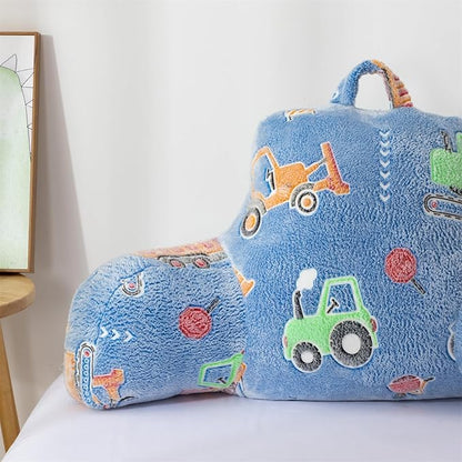 Aimuan Construction Truck Vehicles Reading Pillow Glow in The Dark Bed Rest Wedge Kids Glow Backrest Pillow Car Print with Arms Back Support for Sitting Up in Bed Cushion, Light Blue