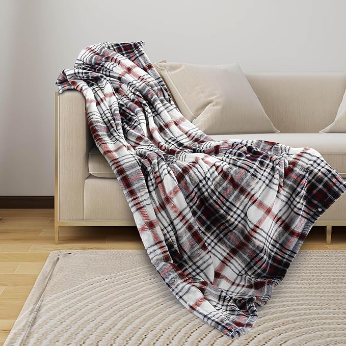 Electric Heated Blanket Throw Size - 50"x60", Soft Flannel Heating Blanket, 4 Heating Levels, 3 H Auto Shut Off, Breathable Warm and Washable for Sofa, Blue-White-Red Plaid