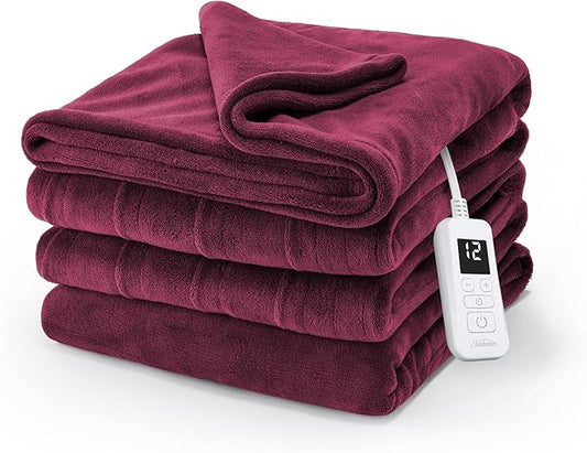 Sunbeam Electric Royal Luxe Microplush Heated Blanket, 12 Heat Settings, 12-Hour Auto Shut-Off, Fast Heating, Warm & Cozy, Machine Washable, Cabernet Color, Full (84" x 72")