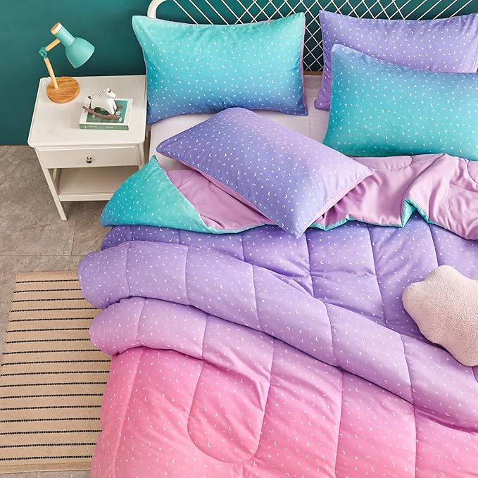 Yogeneg Rainbow Comforter Set Full/Queen Size for Teen Girls&Boys Women,Metallic Star Moon Printed Mermaid Comforter with 2 Pillowcase, Microfiber 3 Piece Bedding Set,All Season (Rainbow B, Queen)