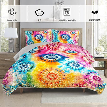 Colorful Tie Dye Quilt Sets King Size,Bohemian Art Style Watercolor Bedding for Adults Kids Girls Boys Teens Bedroom,Soft Lightweight Microfiber Quilt with 2 Pillowcases.