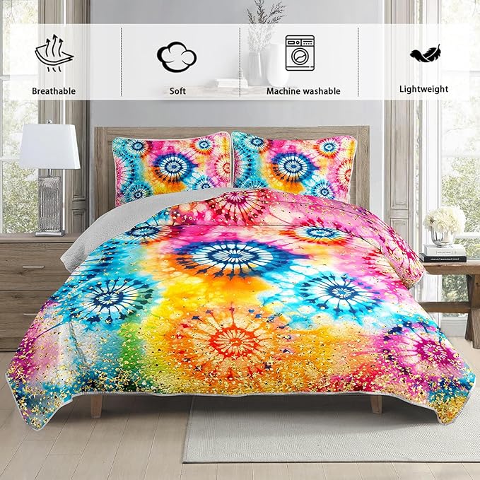 Colorful Tie Dye Quilt Sets Twin Size,Bohemian Art Style Watercolor Bedding for Adults Kids Girls Boys Teens Bedroom,Soft Lightweight Microfiber Quilt with 2 Pillowcases.
