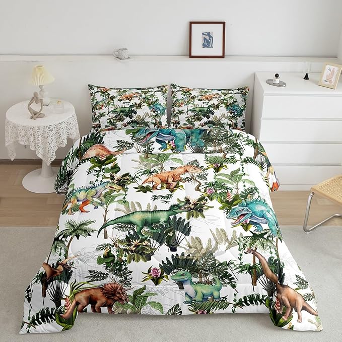 Colorful Dino Comforter Set Queen Size,Dinosaur Cartoon Wild Animal Painting Bedding Set for Women Adult,Green Leaves Tropical Botanical White Luxury Bed Duvet Insert, 2 Pillowcases
