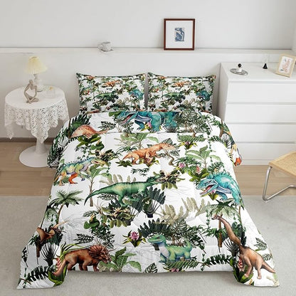 Colorful Dino Comforter Set King Size,Dinosaur Cartoon Wild Animal Painting Bedding Set All Season Quilt Set,Green Leaves Tropical Botanical White Microfiber Polyester Down Comforter