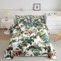Castle Fairy Colorful Dino Comforter Set Twin Size,Dinosaur Cartoon Wild Animal Painting Bedding Set for Kids Boys Men,Green Leaves Tropical Botanical White Quilted Duvet Set with 1 Pillowcase