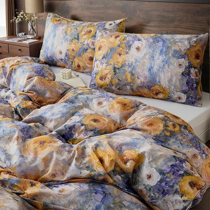 100% Cotton Duvet Cover Queen Size – Impressionist Natural Yellow & Blue Floral Duvet Cover Set with Zipper Closure, 3-Piece Soft Breathable Durable Percale Cotton Bedding Set for All Seasons