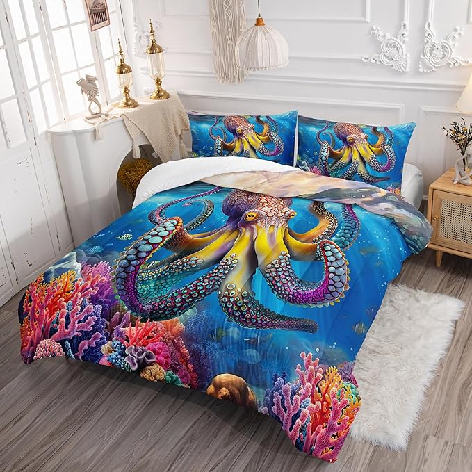 3D Octopus Comforter Set Twin Size 3Pcs Nautical Ocean Bedding Set Seaweed Quilt Bed Set for Boys Girls with 1 Comforter and 2 Pillowcases