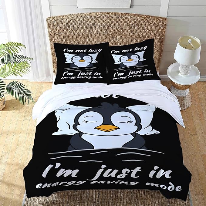 Penguin Theme 3 Pieces Duvet Cover Comforter Set with 2 Pillowcase Twin Size Cute Penguin Bed Sheet Quilt Bedroom Bedding for Lover Kids
