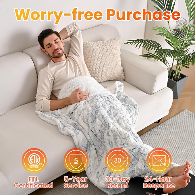 WOOMER Electric Heated Throw Blanket 50"x 60", Reversible Super Cozy Faux Fur&Sherpa, Fast Heating,4 Heating Levels & 4H Auto Off, Machine Washable, Overheat Protection,Gift