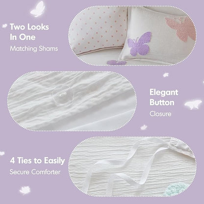 Intelligent Design Kids Rio Full/Queen Duvet Set – Girls’ Reversible Tufted Chenille Bedding with Pastel Purple Butterflies and Pink Dot, 3pcs