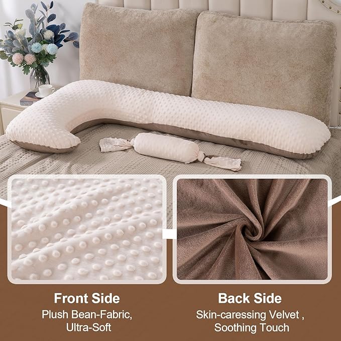 Long Body Pillow for Adults, Full Body Pillow with Mini Candy Pillow, Adjustable Height, Firm Support for Side Sleeping, Kids & Pregnancy, Soft & Breathable, Washable (55 Inch, Velvet Brown)
