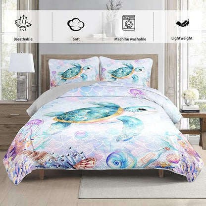 Coastal Bedding Sea Turtle Quilted Set,Mermaid Scale Coral Pattern Bed Set for Toddler Kids Girls Beach Themed Room Decor,Twin Quilt Bedding Sets with 2 Pillowcases.