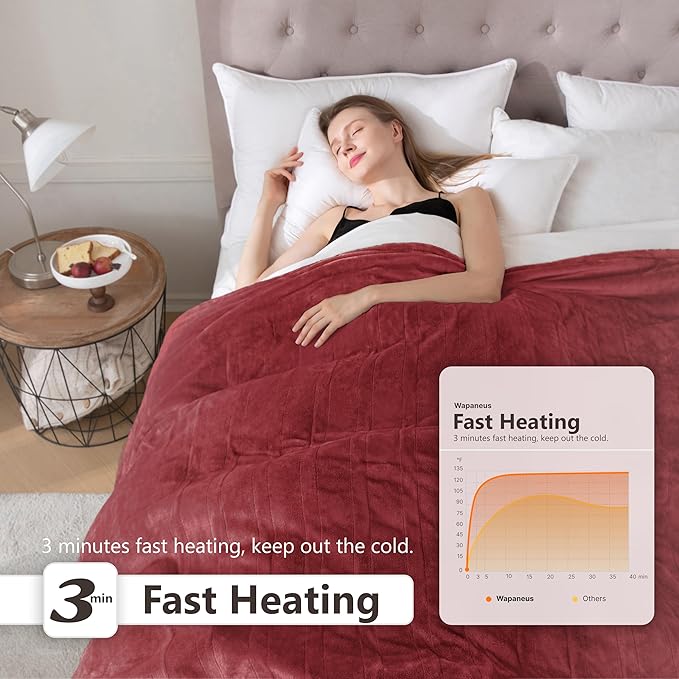 Wapaneus Heated Blanket Electric Full Size 72"x84" with 10 Heating Levels 12 Timer Settings and 8 Hours Auto-Shut Off,Flannel Fast-Heating Electric Blanket,ETL Listed Machine Washable，Red