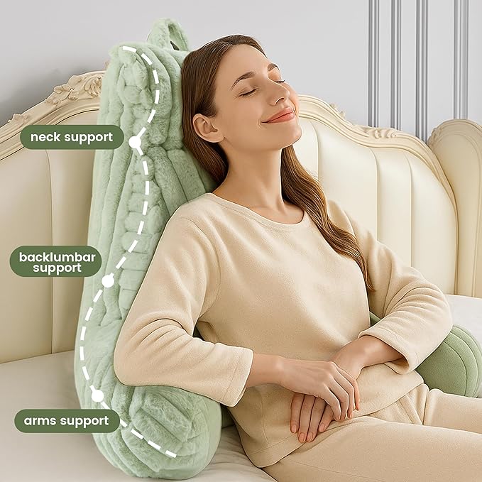 Amélie Home Faux Fur Reading Pillow with Pocket for Sitting in Bed, Adult Backrest Bed Pillow with Washable Cover for Lounging, Study & Relaxing, Sage Green 29 inches