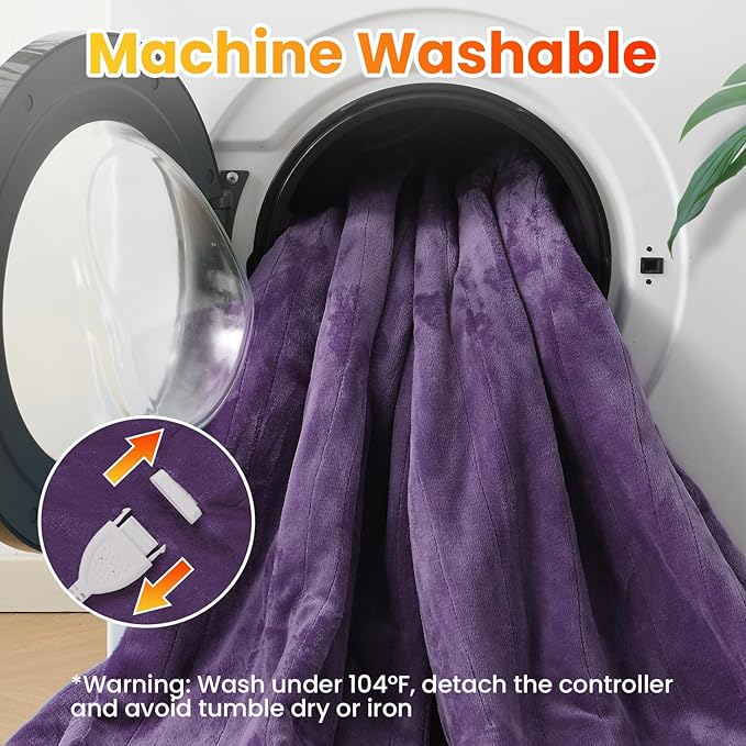 WOOMER Electric Heated Blanket Twin Size, Soft Flannel Fast Heating Blanket, Purple Color, 62"x 84", 10 Heating Levels & 0.5-12H Auto Off, Over-Heat Protection