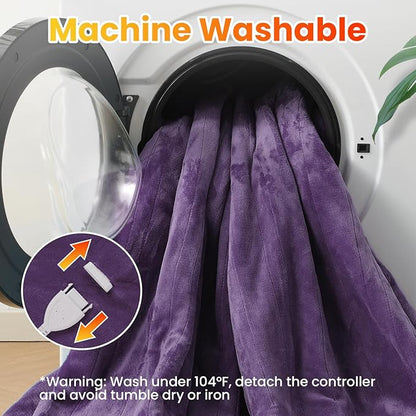 WOOMER Electric Heated Blanket Twin Size, Soft Flannel Fast Heating Blanket, Purple Color, 62"x 84", 10 Heating Levels & 0.5-12H Auto Off, Over-Heat Protection
