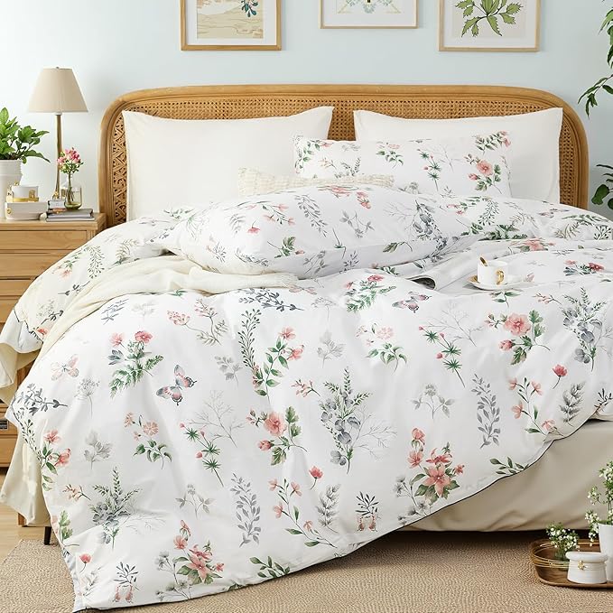 Floral Queen Duvet Cover, 100% Cotton 3 Pieces Floral Bedding Sets with Zipper Closure Vintage Style Garden Comforter Cover, Soft Breathable, Lightweight