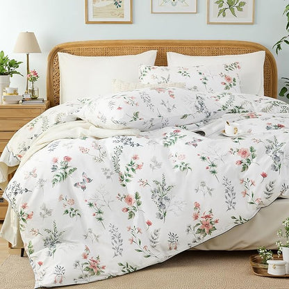 Floral King Duvet Cover, 100% Cotton 3 Pieces Floral Bedding Sets with Zipper Closure Vintage Style Garden Comforter Cover, Soft Breathable, Lightweight