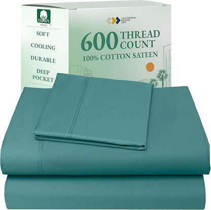 California Design Den Twin XL Bed Sheets Cotton Set - Luxury 600 Thread Count Sateen, 100% Cotton Sheet Set with Deep Pockets, Soft Hotel-Quality Bedding - Teal Sheets