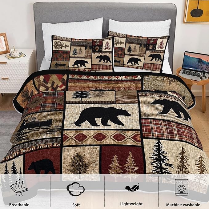 Rustic Black Bear Quilt Bedding Queen 3Pcs Natural Forest Wild Hunt Animal Bear Canoe Bed Set Retro Tree Grid Pattern Bedspread Coverlet with 2 Pillowcases for Kid Boy Girl Teen Adult Bed Decor