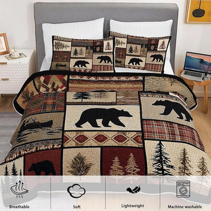 Rustic Black Bear Quilt Bedding Twin 3Pcs Natural Forest Wild Hunt Animal Bear Canoe Bed Set Retro Tree Grid Pattern Bedspread Coverlet with 2 Pillowcases for Kid Boy Girl Teen Adult Bed Decor