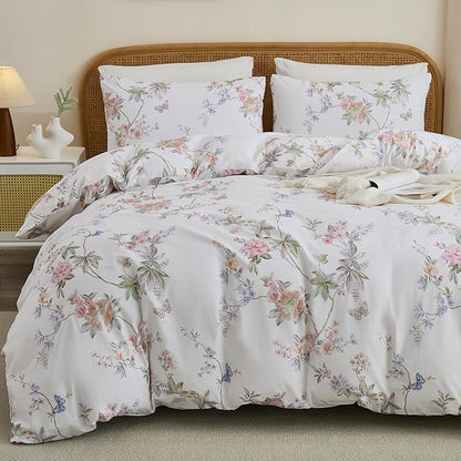 100% Cotton Duvet Cover Queen Size – Elegant French Romantic Floral Duvet Cover Set with Zipper Closure, 3-Piece Soft Breathable Durable Percale Cotton Bedding Set for All Seasons