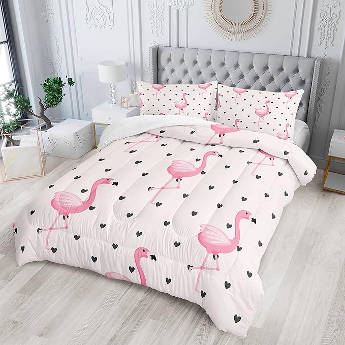 Flamingo Comforter Set Queen Size Tropical Pink Flamingo Love Heart Pattern Bedding Set Kawaii Quilted Duvet for Kids Girls Boys Adult with 1 Comforter and 2 Pillowcases