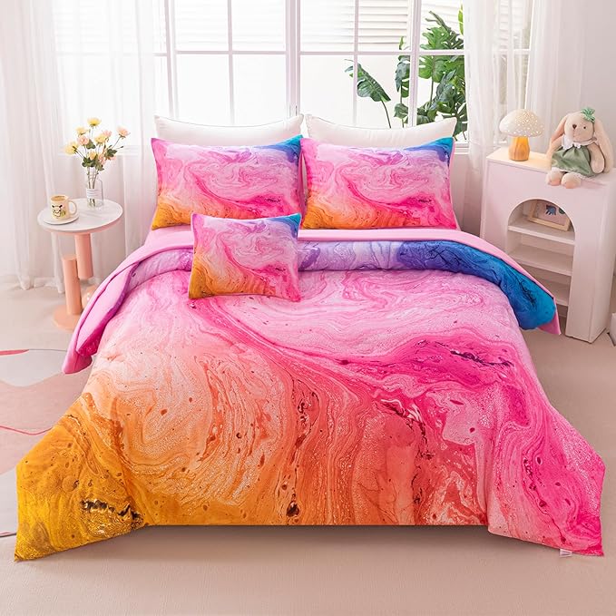 4Pcs Girls Comforter Sets Queen for Girls Kids, Tie Dye Colorful Watercolor Marble Bedding Set Queen, Soft & BreathableBed in A Bag for Gift Bedroom Decor