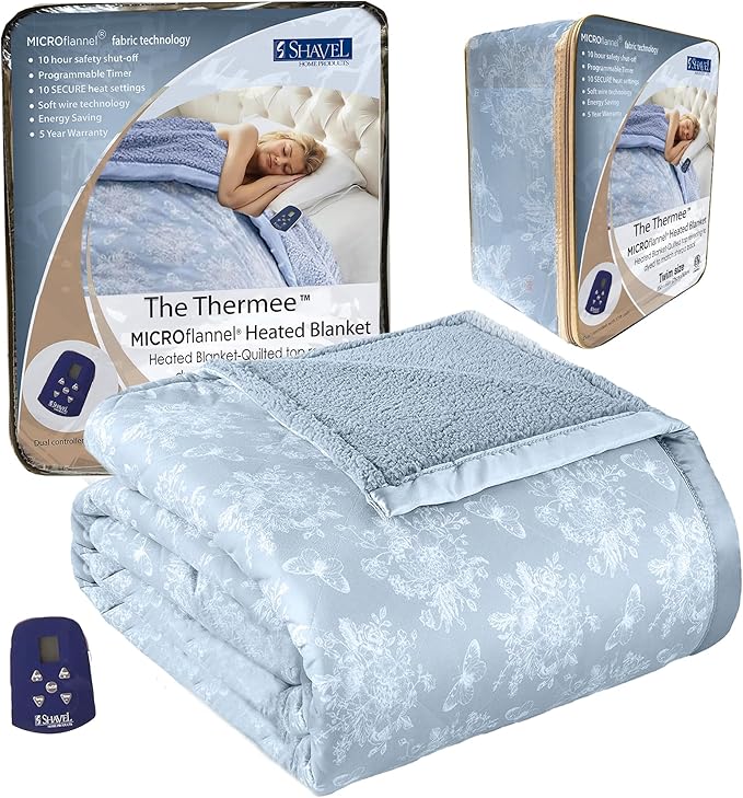 Thermee Micro Flannel Heated Blanket, Sherpa Back, 10-Setting Electric Twin Size, Programmable, Ultra-Soft, Fast Heating, Toile Sky Blue