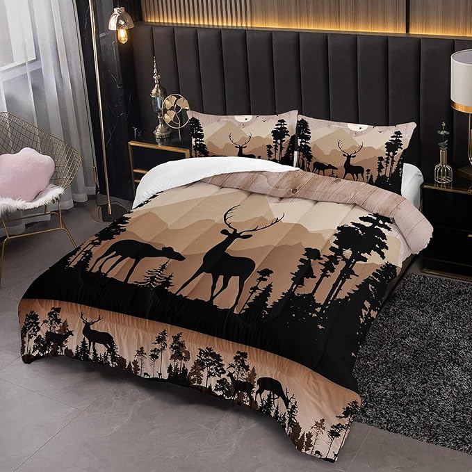 Cute Deer Comforter Set for Kids Boys Girls Child, Deer Tree Print Comforter Set Queen Size, 3 Pieces Lightweight Vintage Brown Elk Lovers Comforter with 2 Pillow Shams for All Seasons