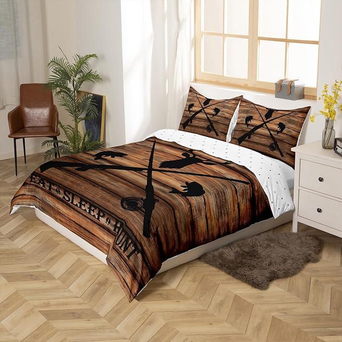 Hunting Themed Duvet Cover Set King Size,Deer Antler Animal Comforter Cover with 2 Pillowcases Bedspread,Brown Retro Farmhouse Board Microfiber Quilt Cover for Adult Women,3pcs