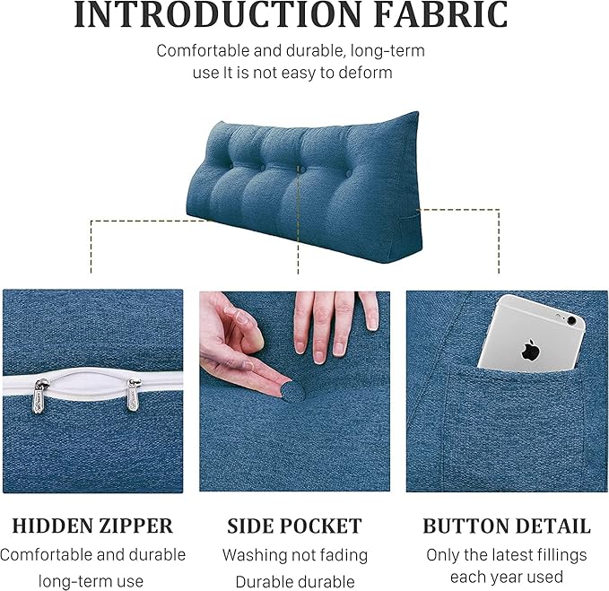 Wedge Headboard Pillow Dorm Room Reading Pillow Back Support for Sitting Up in Bed Bolster Lumbar Cushion Body Positioning Bedrest Cotton Linen 59in Blue Queen