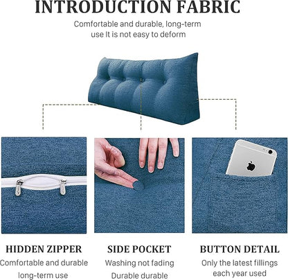 Wedge Headboard Pillow Dorm Room Reading Pillow Back Support for Sitting Up in Bed Bolster Lumbar Cushion Body Positioning Bedrest Cotton Linen 59in Blue Queen