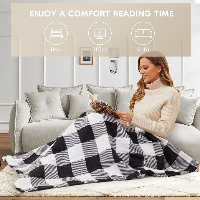 Electric Heated Blanket Throw Size - 50"x60", Soft Flannel Heating Blanket, 4 Heating Levels, 3 H Auto Shut Off, Breathable Warm and Washable for Sofa, Black - White Plaid