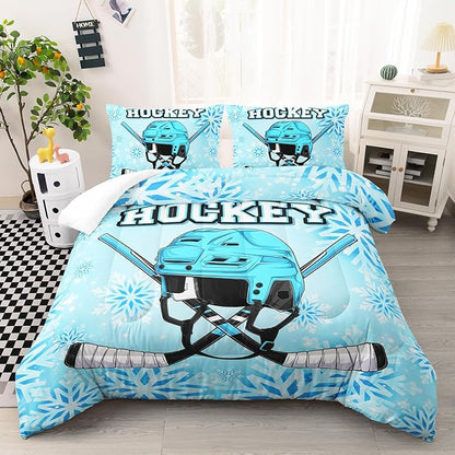 Blue Ice Hockey Comforter 3Pcs Queen Hockey Sports Event Snowflake Bedding Set for Kid Teen Girl Boy Adult Winter Sports Games Hockey Helmet Quilt Bed Decor with 1 Comforter and 2 Pillowcases