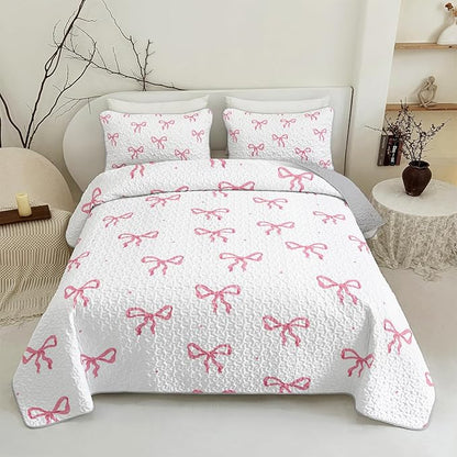 QOOMO Pink Bow Quilt Set Twin Size,Bowknot Bedspread Coverlet Set,Pink 3Pcs Bedding Set Printed Quilt with 2 Pillowcases,Soft and Lightweight,for All Seasons