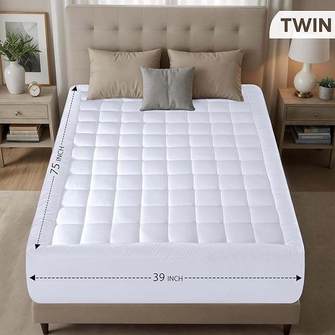 Utopia Bedding Twin Mattress Pad, Quilted Fitted Premium Mattress Protector, Deep Pocket Cover Stretches up to 16 Inches, Fluffy Pillow Topper (39x75 Inches, White)