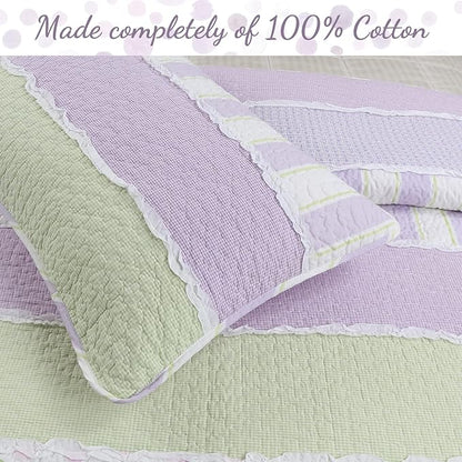 Cozy Line Home Fashions Lavender Green Stripe Dots Girl 100% Cotton Reversible Quilt Bedding Set, All-Season Coverlet Bedspread (Purple Dots, Twin - 2 Piece)